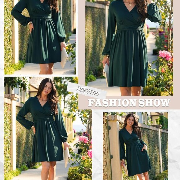 Womens V-Neck Long Sleeve Empire Waist Dress Pockets Casual Elegant Mini - Picture 6 of 6